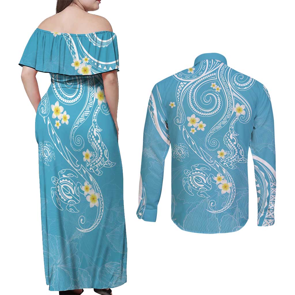 Polynesia Tribal Couples Matching Off Shoulder Maxi Dress and Long Sleeve Button Shirt Turquoise Plumeria Tentacles