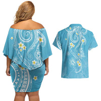 Polynesia Tribal Couples Matching Off Shoulder Short Dress and Hawaiian Shirt Turquoise Plumeria Tentacles
