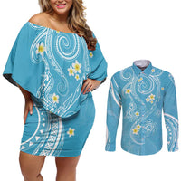 Polynesia Tribal Couples Matching Off Shoulder Short Dress and Long Sleeve Button Shirt Turquoise Plumeria Tentacles