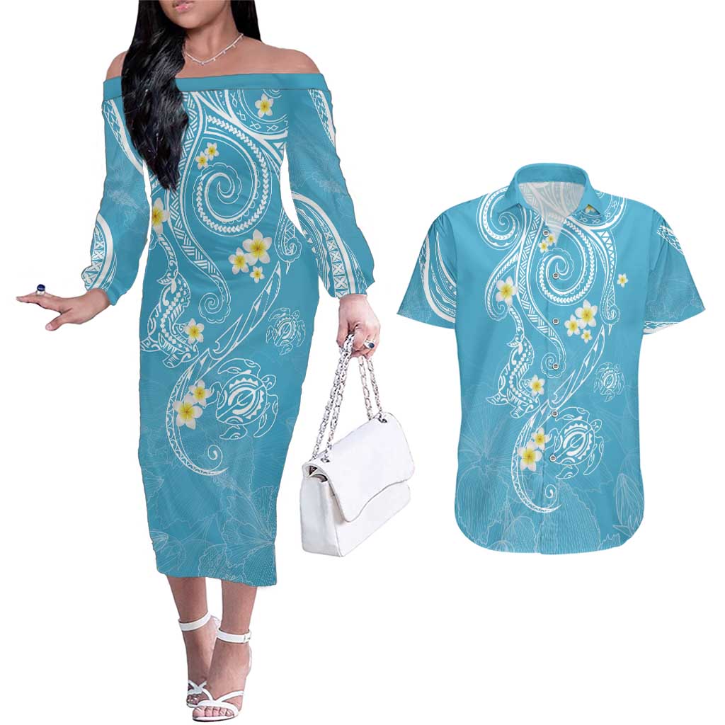 Polynesia Tribal Couples Matching Off The Shoulder Long Sleeve Dress and Hawaiian Shirt Turquoise Plumeria Tentacles
