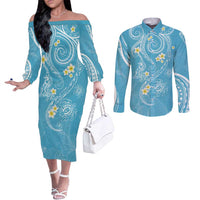 Polynesia Tribal Couples Matching Off The Shoulder Long Sleeve Dress and Long Sleeve Button Shirt Turquoise Plumeria Tentacles LT7 Turquoise - Polynesian Pride