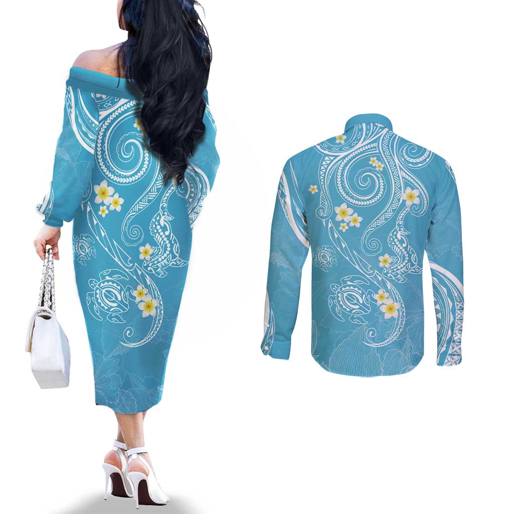Polynesia Tribal Couples Matching Off The Shoulder Long Sleeve Dress and Long Sleeve Button Shirt Turquoise Plumeria Tentacles LT7 - Polynesian Pride