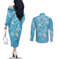 Polynesia Tribal Couples Matching Off The Shoulder Long Sleeve Dress and Long Sleeve Button Shirt Turquoise Plumeria Tentacles LT7 - Polynesian Pride