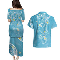 Polynesia Tribal Couples Matching Puletasi and Hawaiian Shirt Turquoise Plumeria Tentacles