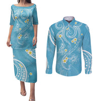 Polynesia Tribal Couples Matching Puletasi and Long Sleeve Button Shirt Turquoise Plumeria Tentacles
