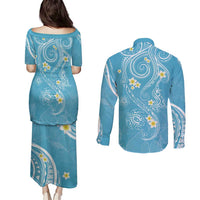 Polynesia Tribal Couples Matching Puletasi and Long Sleeve Button Shirt Turquoise Plumeria Tentacles