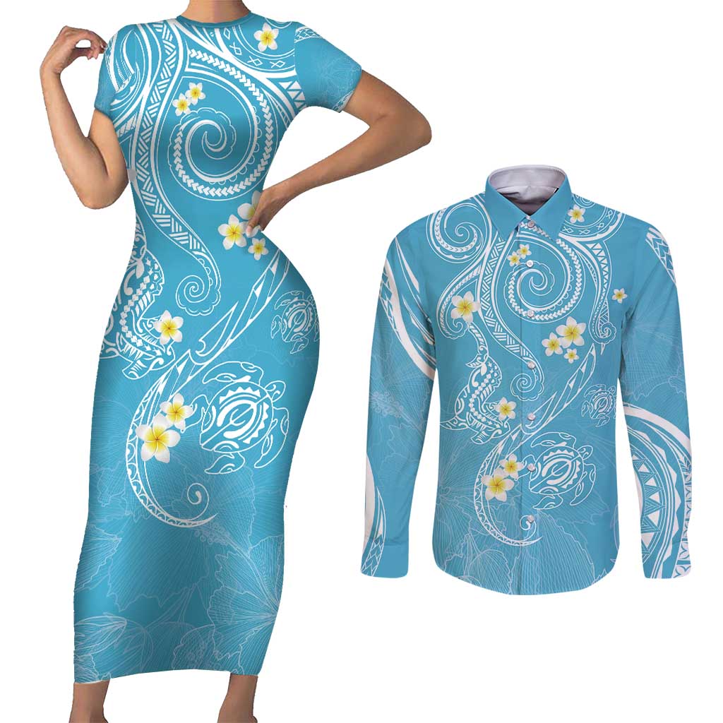 Polynesia Tribal Couples Matching Short Sleeve Bodycon Dress and Long Sleeve Button Shirt Turquoise Plumeria Tentacles