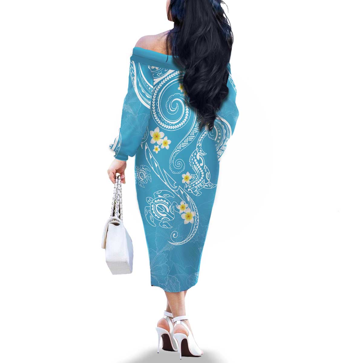 Polynesia Tribal Family Matching Off The Shoulder Long Sleeve Dress and Hawaiian Shirt Turquoise Plumeria Tentacles