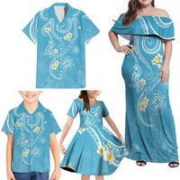 Polynesia Tribal Family Matching Off Shoulder Maxi Dress and Hawaiian Shirt Turquoise Plumeria Tentacles