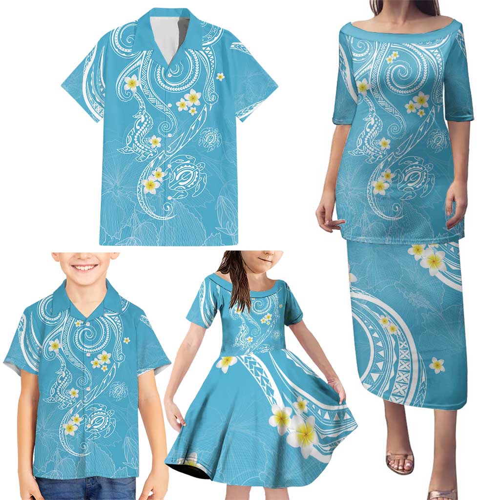 Polynesia Tribal Family Matching Puletasi and Hawaiian Shirt Turquoise Plumeria Tentacles