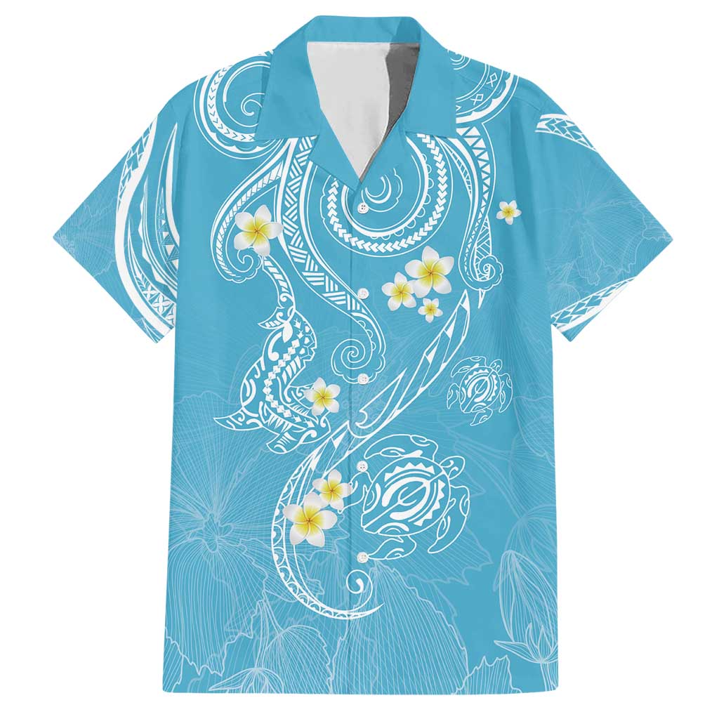 Polynesia Tribal Family Matching Short Sleeve Bodycon Dress and Hawaiian Shirt Turquoise Plumeria Tentacles