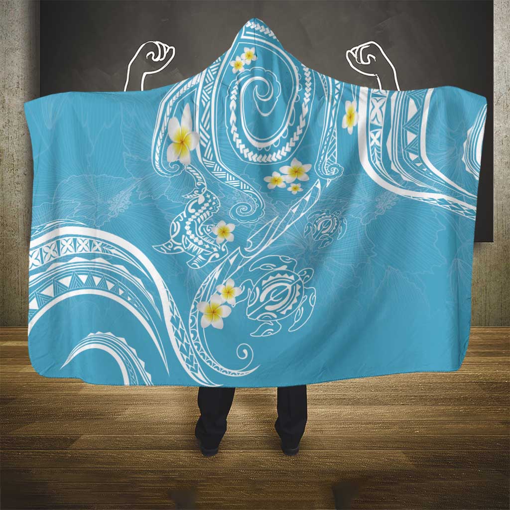 Polynesia Tribal Hooded Blanket Turquoise Plumeria Tentacles