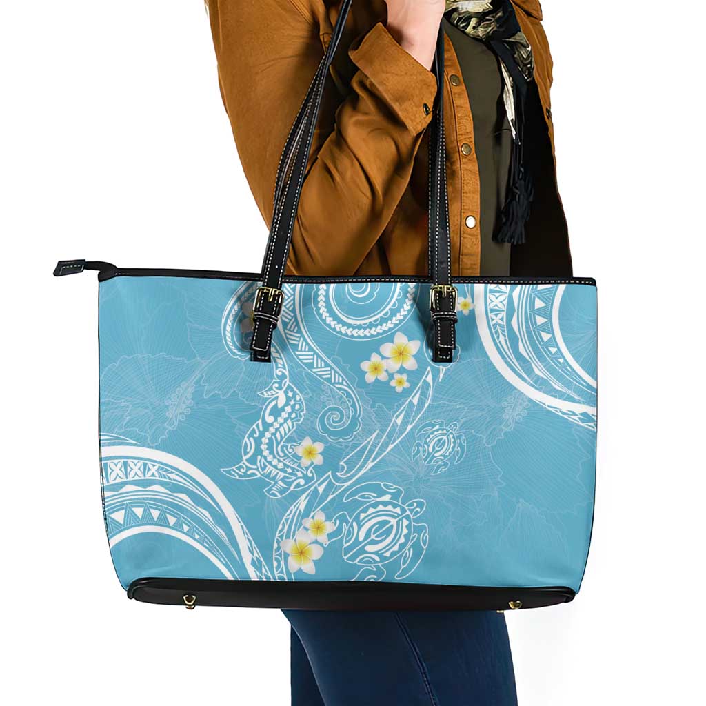 Polynesia Tribal Leather Tote Bag Turquoise Plumeria Tentacles
