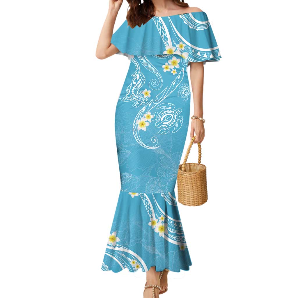 Polynesia Tribal Mermaid Dress Turquoise Plumeria Tentacles