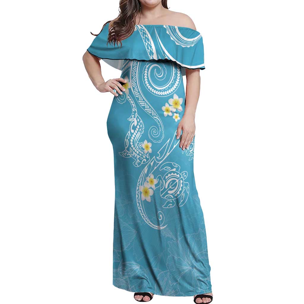 Polynesia Tribal Off Shoulder Maxi Dress Turquoise Plumeria Tentacles