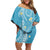 Polynesia Tribal Off Shoulder Short Dress Turquoise Plumeria Tentacles