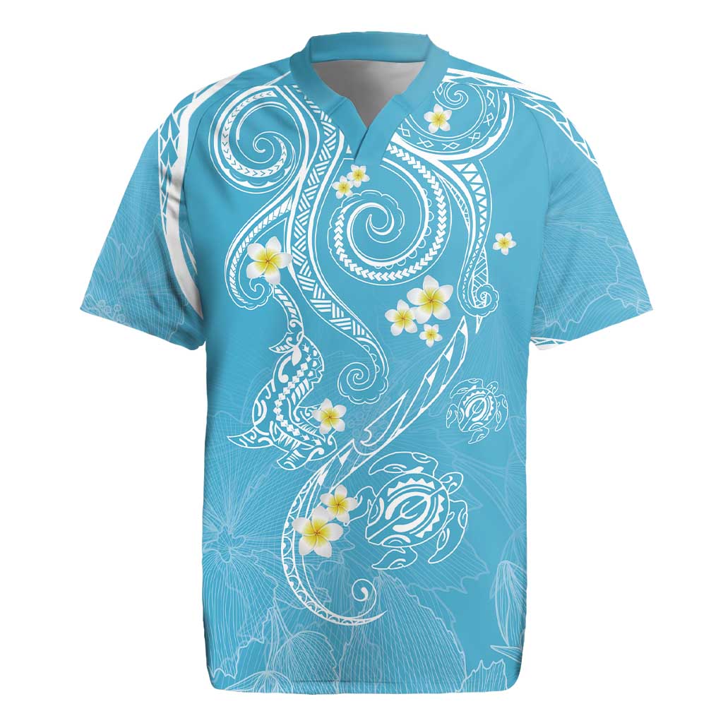 Polynesia Tribal Rugby Jersey Turquoise Plumeria Tentacles