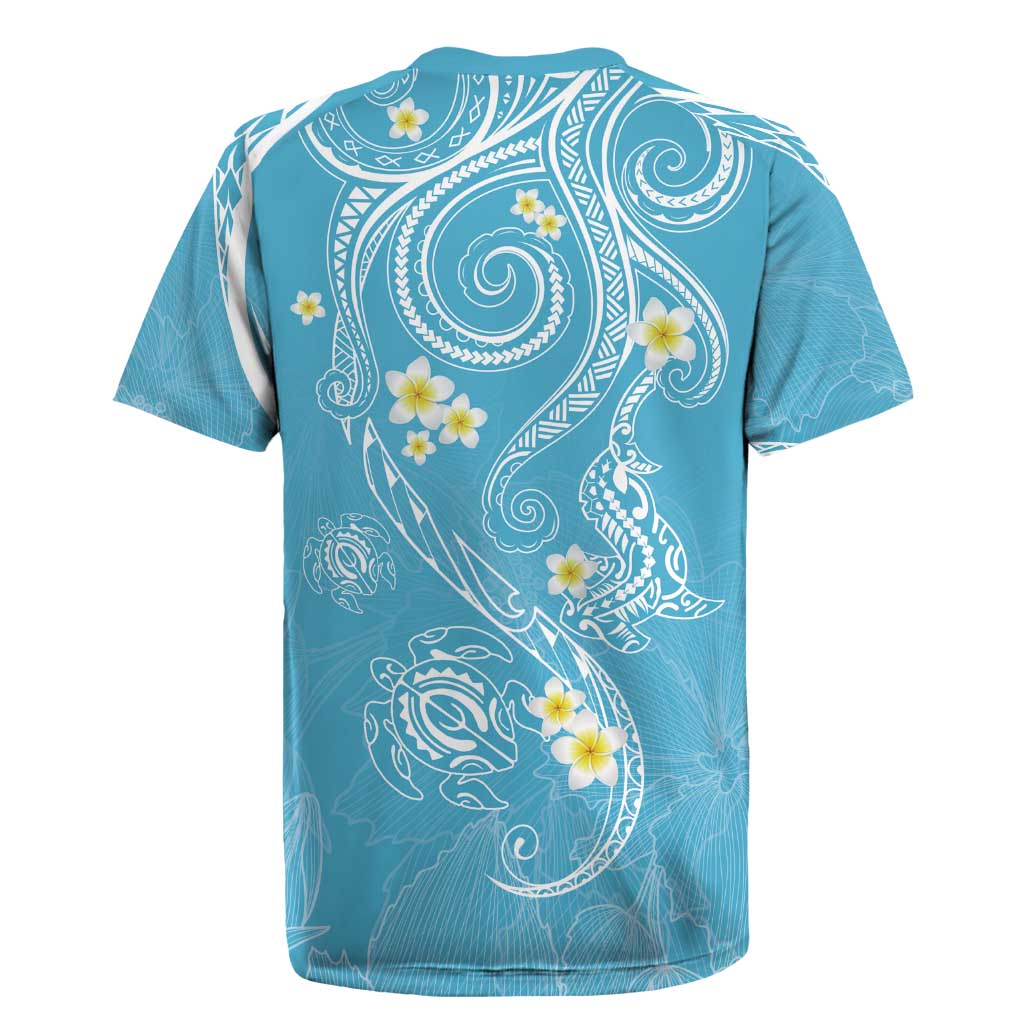 Polynesia Tribal Rugby Jersey Turquoise Plumeria Tentacles