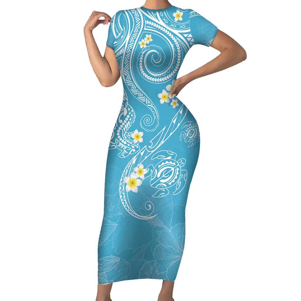 Polynesia Tribal Short Sleeve Bodycon Dress Turquoise Plumeria Tentacles