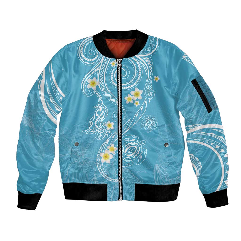 Polynesia Tribal Sleeve Zip Bomber Jacket Turquoise Plumeria Tentacles LT7 Unisex Turquoise - Polynesian Pride