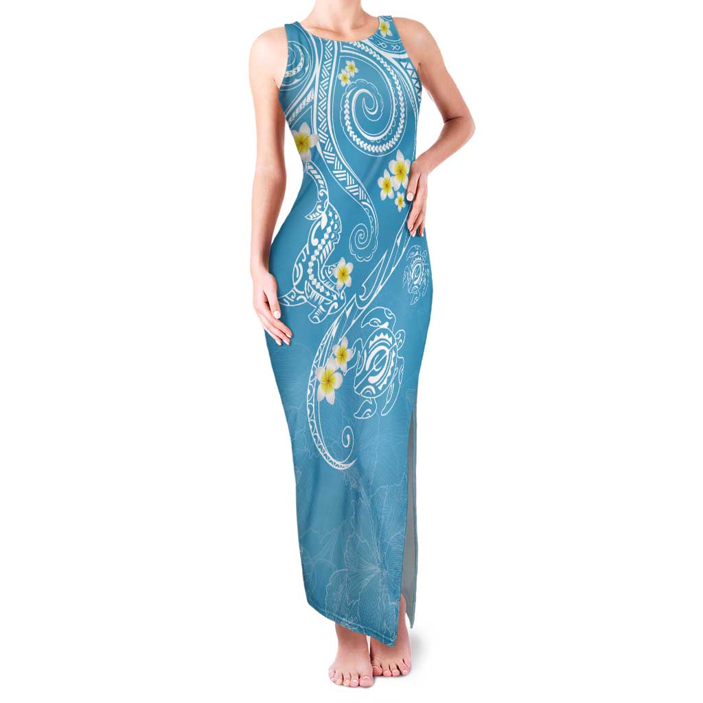 Polynesia Tribal Tank Maxi Dress Turquoise Plumeria Tentacles