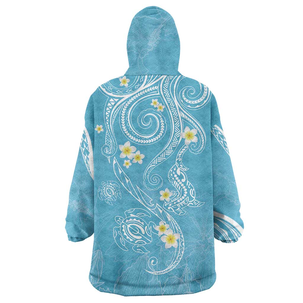 Polynesia Tribal Wearable Blanket Hoodie Turquoise Plumeria Tentacles