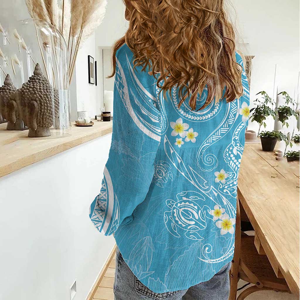 Polynesia Tribal Women Casual Shirt Turquoise Plumeria Tentacles LT7 - Polynesian Pride