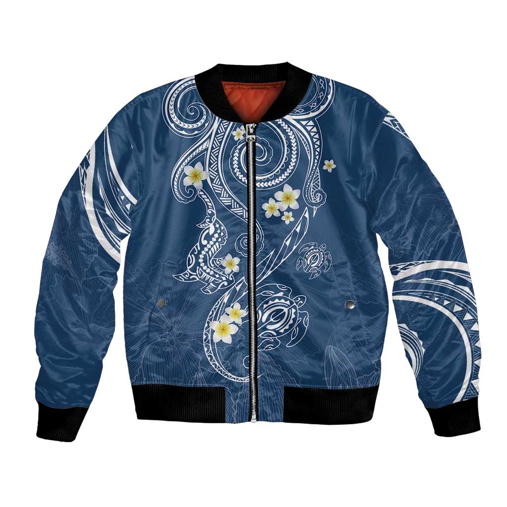 Polynesia Tribal Bomber Jacket Deep Blue Plumeria Tentacles LT7 Unisex Blue - Polynesian Pride