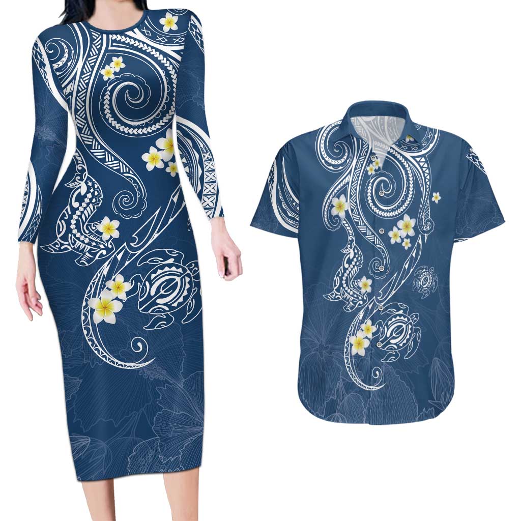 Polynesia Tribal Couples Matching Long Sleeve Bodycon Dress and Hawaiian Shirt Deep Blue Plumeria Tentacles