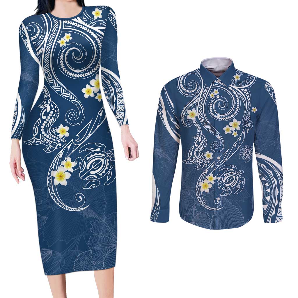 Polynesia Tribal Couples Matching Long Sleeve Bodycon Dress and Long Sleeve Button Shirt Deep Blue Plumeria Tentacles