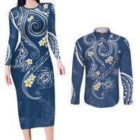 Polynesia Tribal Couples Matching Long Sleeve Bodycon Dress and Long Sleeve Button Shirt Deep Blue Plumeria Tentacles