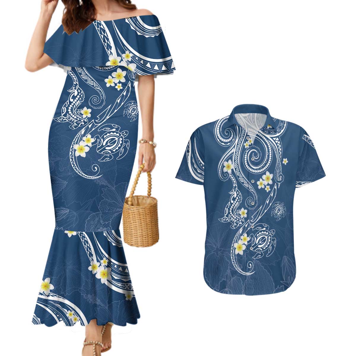 Polynesia Tribal Couples Matching Mermaid Dress and Hawaiian Shirt Deep Blue Plumeria Tentacles