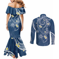 Polynesia Tribal Couples Matching Mermaid Dress and Long Sleeve Button Shirt Deep Blue Plumeria Tentacles
