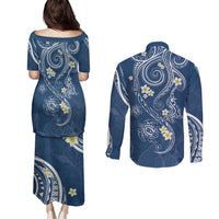 Polynesia Tribal Couples Matching Puletasi and Long Sleeve Button Shirt Deep Blue Plumeria Tentacles