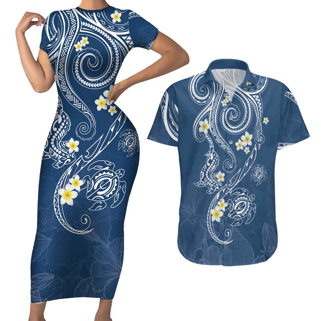 Polynesia Tribal Couples Matching Short Sleeve Bodycon Dress and Hawaiian Shirt Deep Blue Plumeria Tentacles