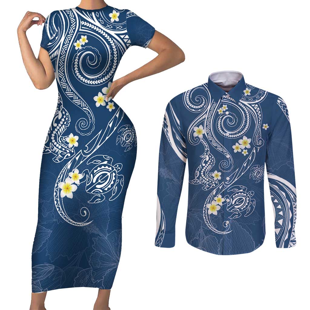 Polynesia Tribal Couples Matching Short Sleeve Bodycon Dress and Long Sleeve Button Shirt Deep Blue Plumeria Tentacles