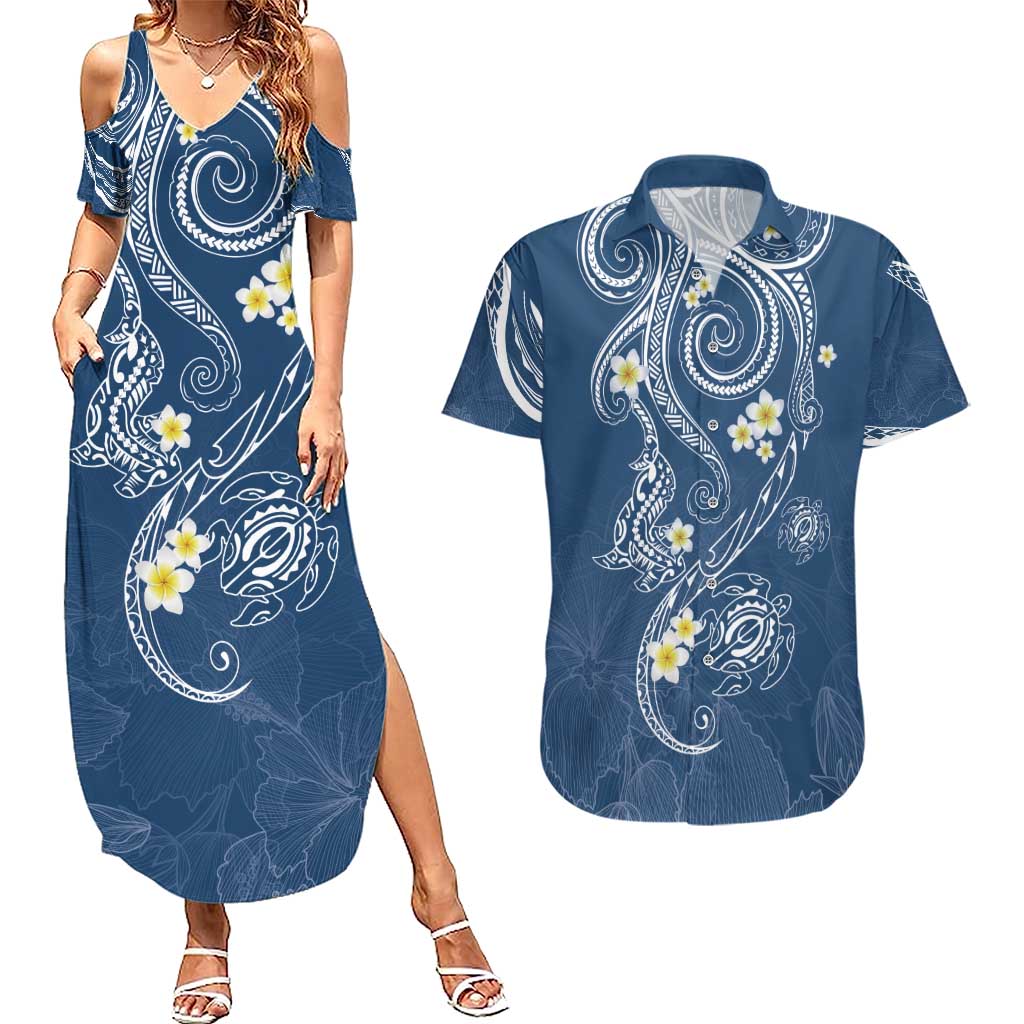 Polynesia Tribal Couples Matching Summer Maxi Dress and Hawaiian Shirt Deep Blue Plumeria Tentacles