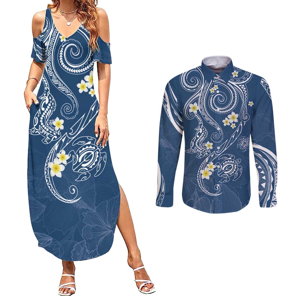 Polynesia Tribal Couples Matching Summer Maxi Dress and Long Sleeve Button Shirt Deep Blue Plumeria Tentacles