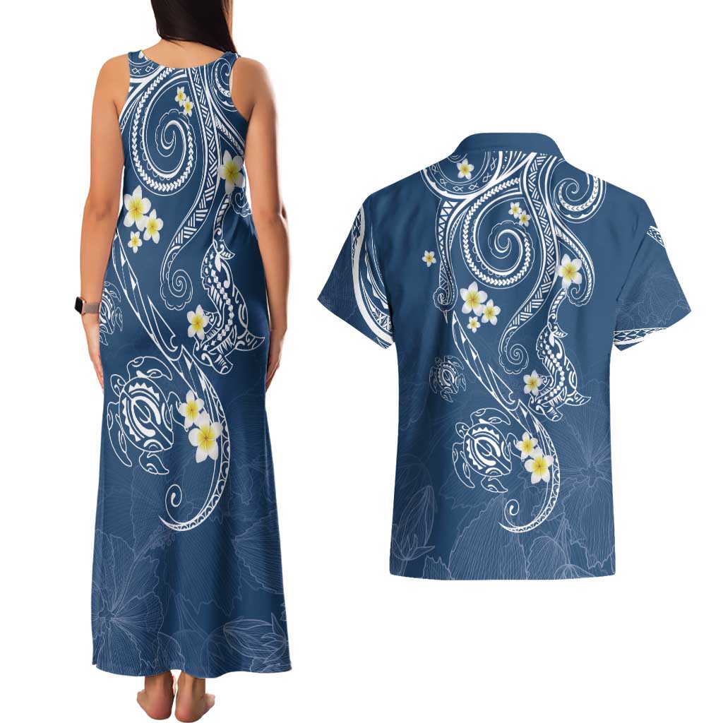 Polynesia Tribal Couples Matching Tank Maxi Dress and Hawaiian Shirt Deep Blue Plumeria Tentacles