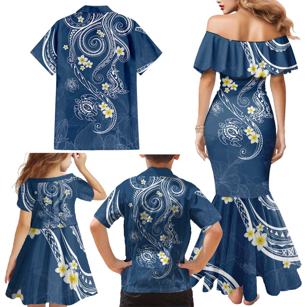 Polynesia Tribal Family Matching Mermaid Dress and Hawaiian Shirt Deep Blue Plumeria Tentacles