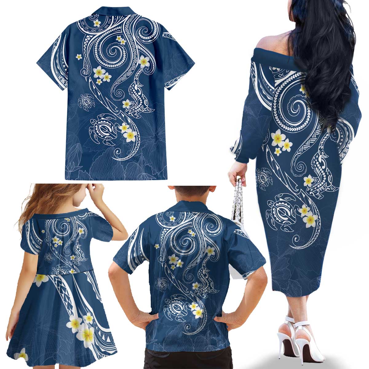 Polynesia Tribal Family Matching Off The Shoulder Long Sleeve Dress and Hawaiian Shirt Deep Blue Plumeria Tentacles