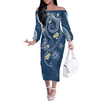 Polynesia Tribal Family Matching Off The Shoulder Long Sleeve Dress and Hawaiian Shirt Deep Blue Plumeria Tentacles