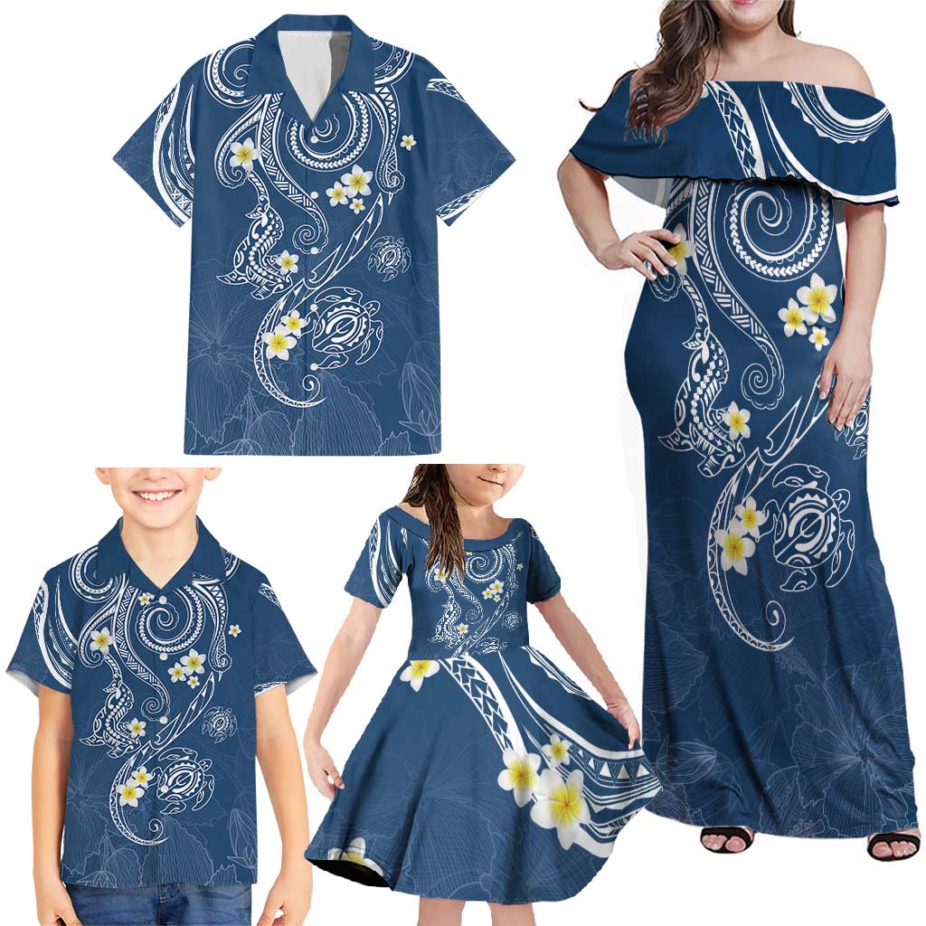 Polynesia Tribal Family Matching Off Shoulder Maxi Dress and Hawaiian Shirt Deep Blue Plumeria Tentacles