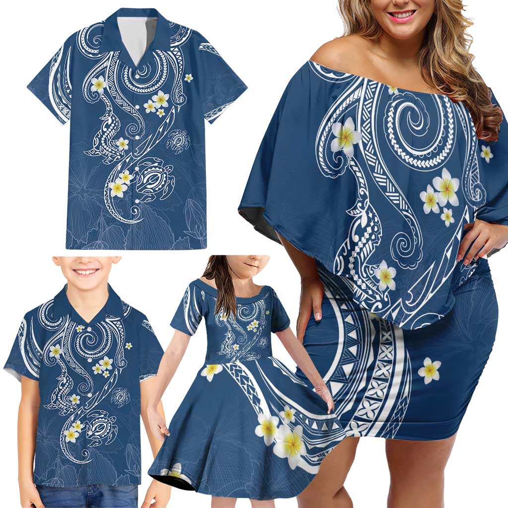 Polynesia Tribal Family Matching Off Shoulder Short Dress and Hawaiian Shirt Deep Blue Plumeria Tentacles