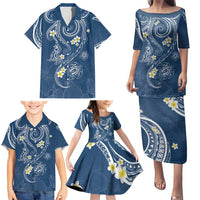 Polynesia Tribal Family Matching Puletasi and Hawaiian Shirt Deep Blue Plumeria Tentacles