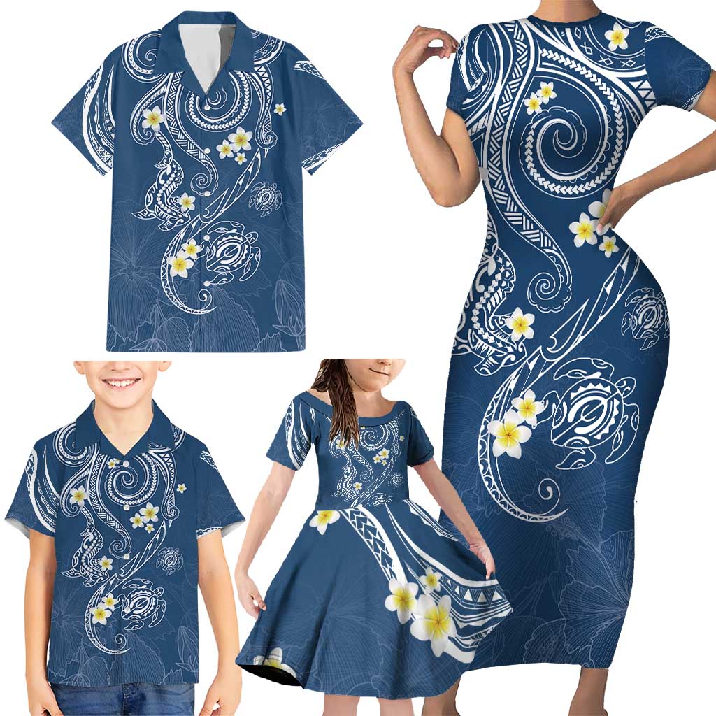 Polynesia Tribal Family Matching Short Sleeve Bodycon Dress and Hawaiian Shirt Deep Blue Plumeria Tentacles