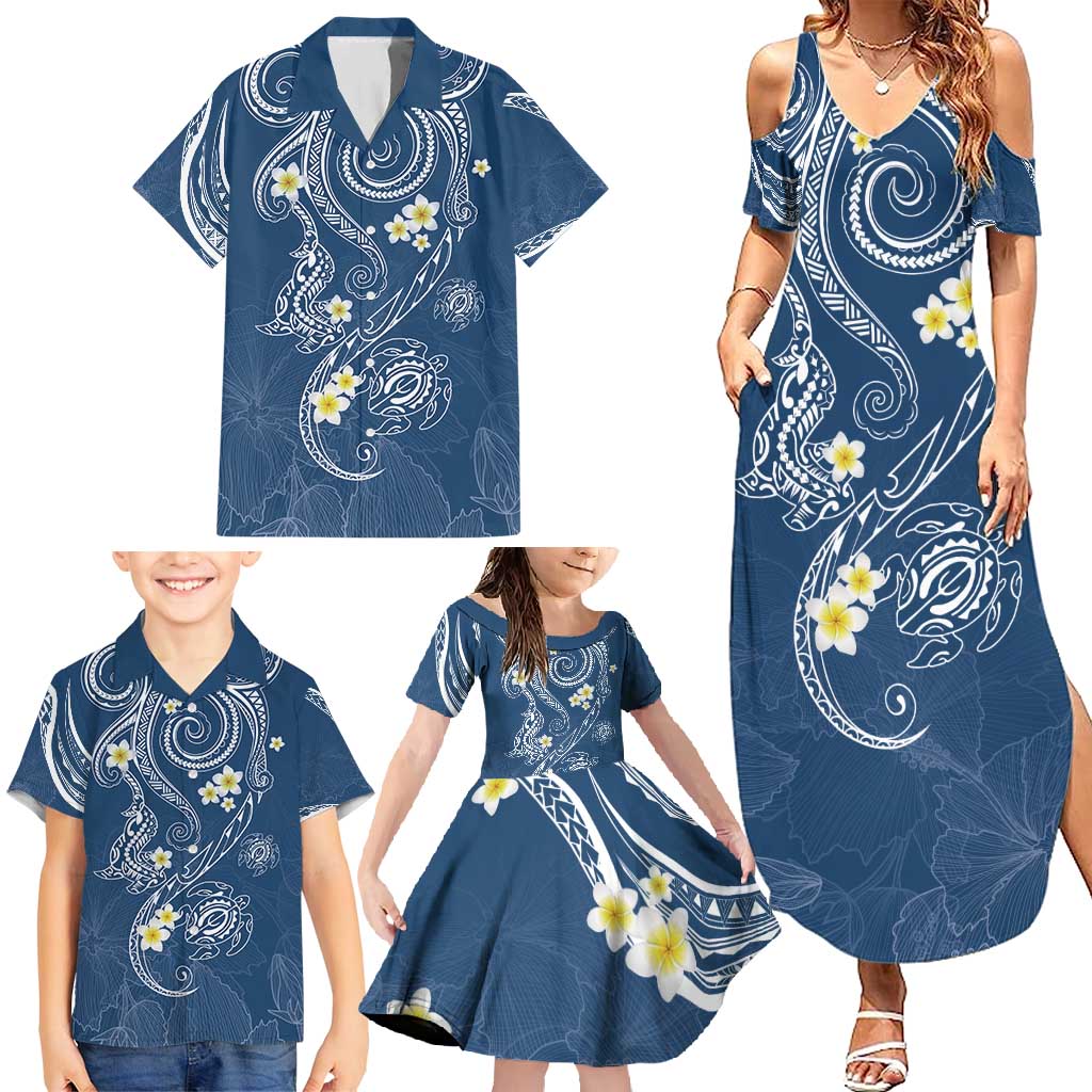 Polynesia Tribal Family Matching Summer Maxi Dress and Hawaiian Shirt Deep Blue Plumeria Tentacles