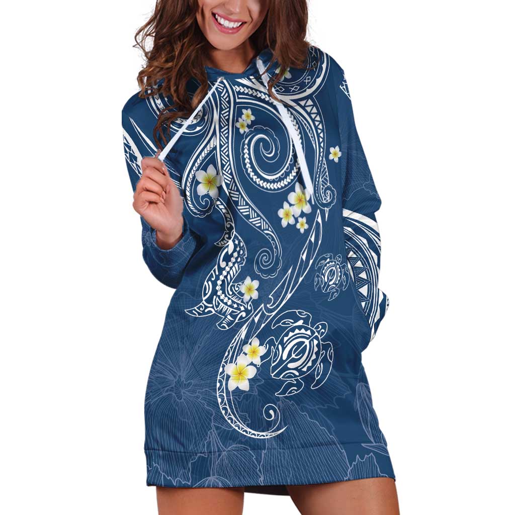 Polynesia Tribal Hoodie Dress Deep Blue Plumeria Tentacles