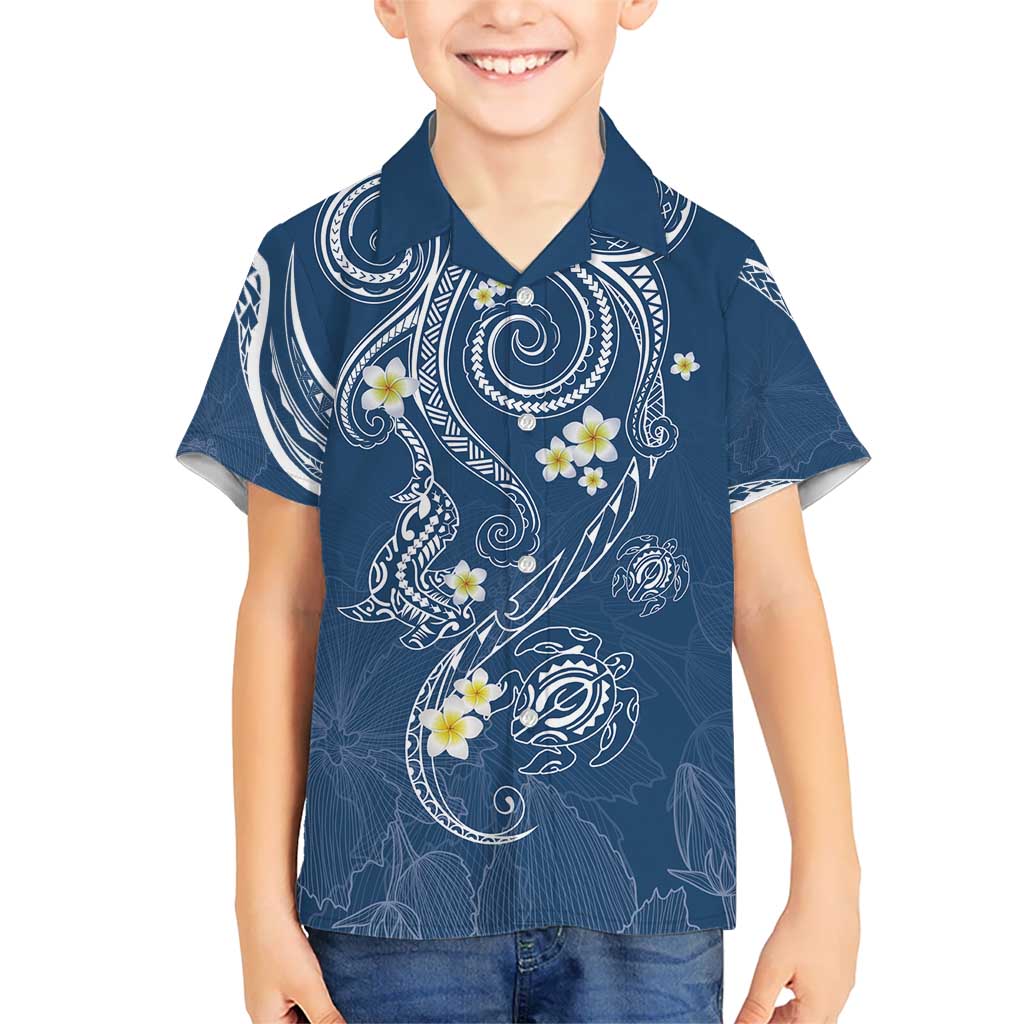 Polynesia Tribal Kid Hawaiian Shirt Deep Blue Plumeria Tentacles