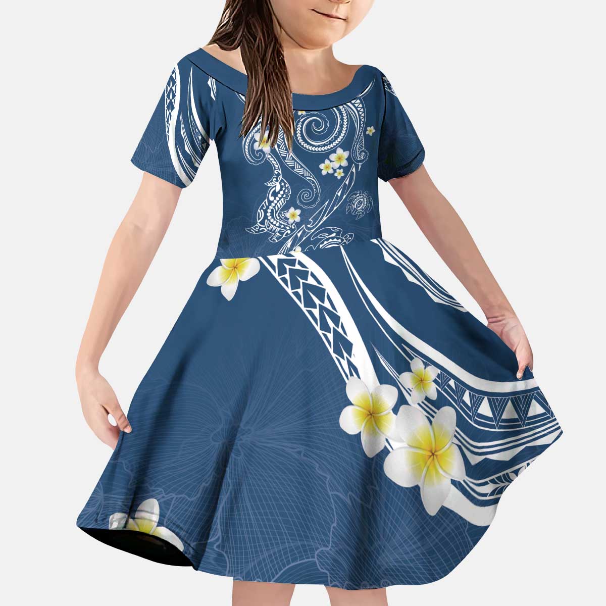 Polynesia Tribal Kid Short Sleeve Dress Deep Blue Plumeria Tentacles